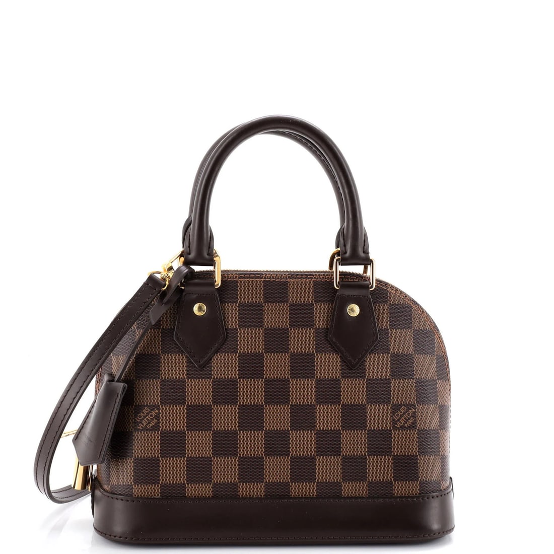 Vuitton Louis Damier BB Alma Handbag: Vuitton Louis Damier BB Alma Handbag The Louis Vuitton Alma Handbag in Damier BB pattern boasts a timeless design with a classic canvas coated exterior in rich brown. Measuring 7" tall and 8.5" wide,
