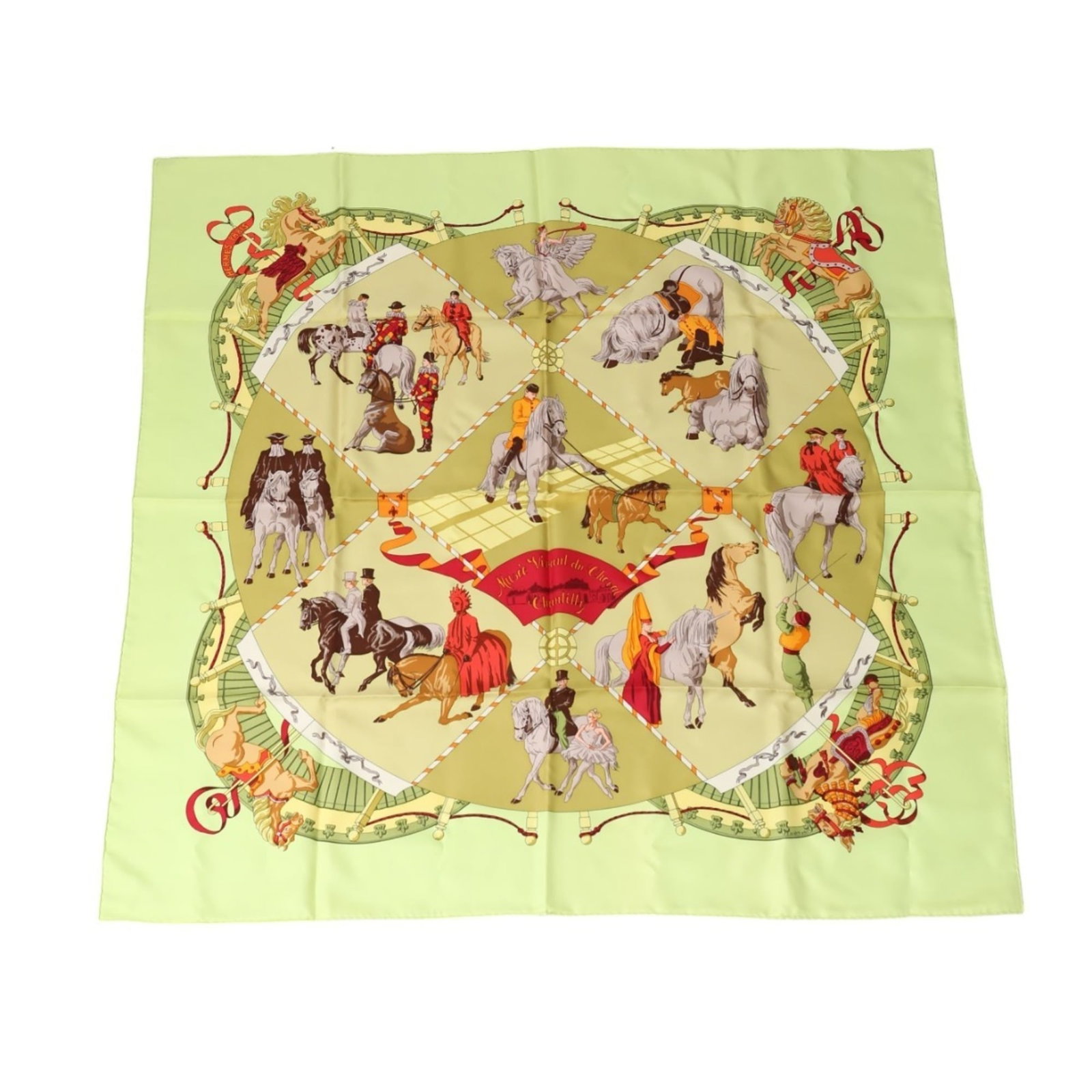 Silk Hermes Scarf: Silk Hermes Scarf Silk Hermes Scarf in vibrant green and yellow hues, crafted from high-quality silk with a classic 89cm x 89cm size. This like-new scarf boasts hardly any traces of usage, making it a