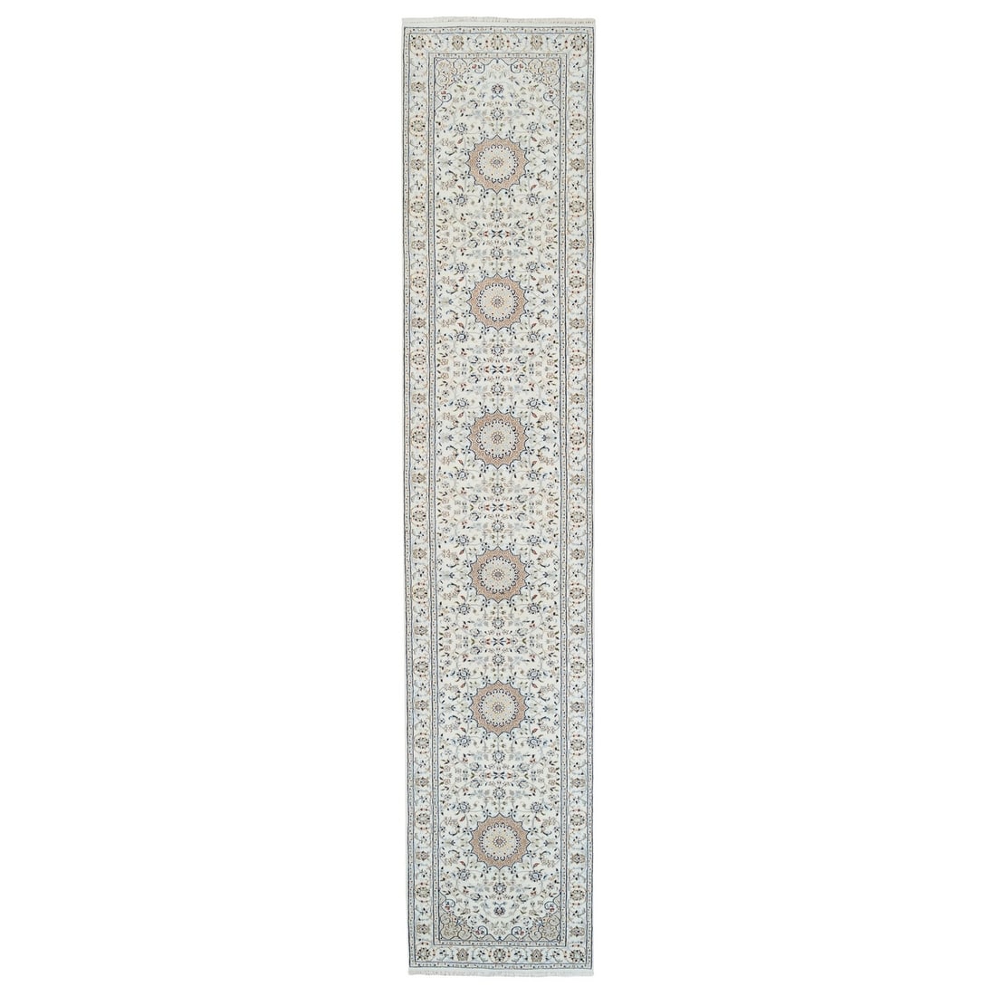 2'8"x13'3" Ivory Nain Flower Design 250 KPSI Wool Hand Knotted Runner Rug: 2'8"x13'3" Ivory Nain Flower Design 250 KPSI Wool Hand Knotted Runner Rug Hand-knotted in wool, this stunning 2'8"x13'3" Nain flower design rug boasts intricate details and a rich ivory color. Made