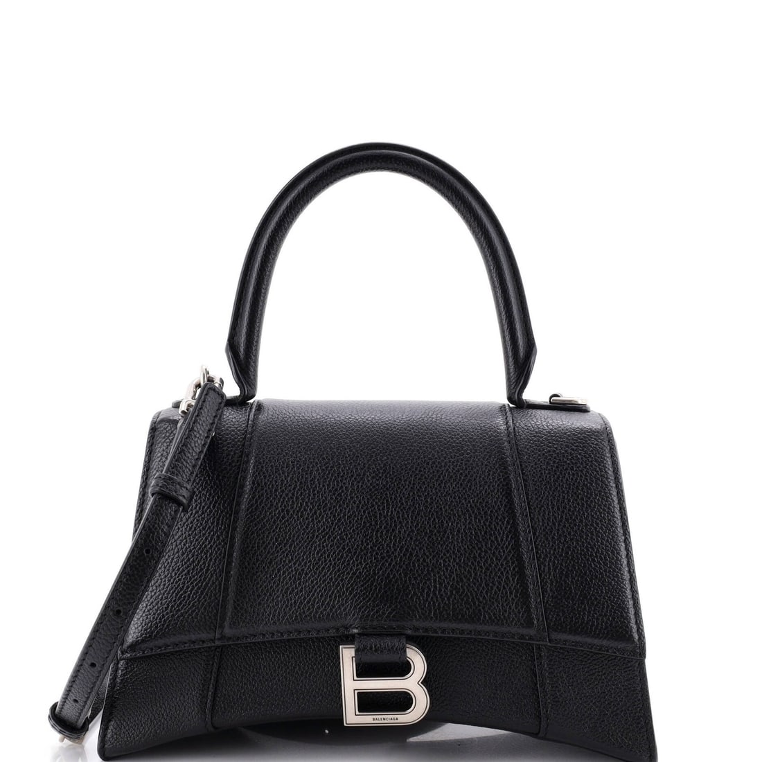 Balenciaga Hourglass Top Handle Bag Leather Small: Balenciaga Hourglass Top Handle Bag Leather Small Small Balenciaga Hourglass Top Handle Bag in Black Leather. This top handle bag features a sleek design with a 5.5" height and 9" width, making it a s