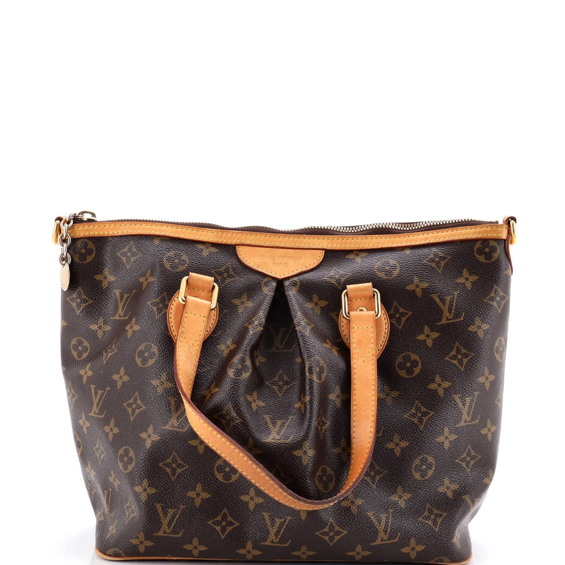 Canvas handbag monogram Palermo Louis Vuitton: Canvas handbag monogram Palermo Louis Vuitton Canvas handbag monogram Palermo Louis Vuitton features a classic design with heavy corner wear, edge wear, and scuffs on the exterior. The interior