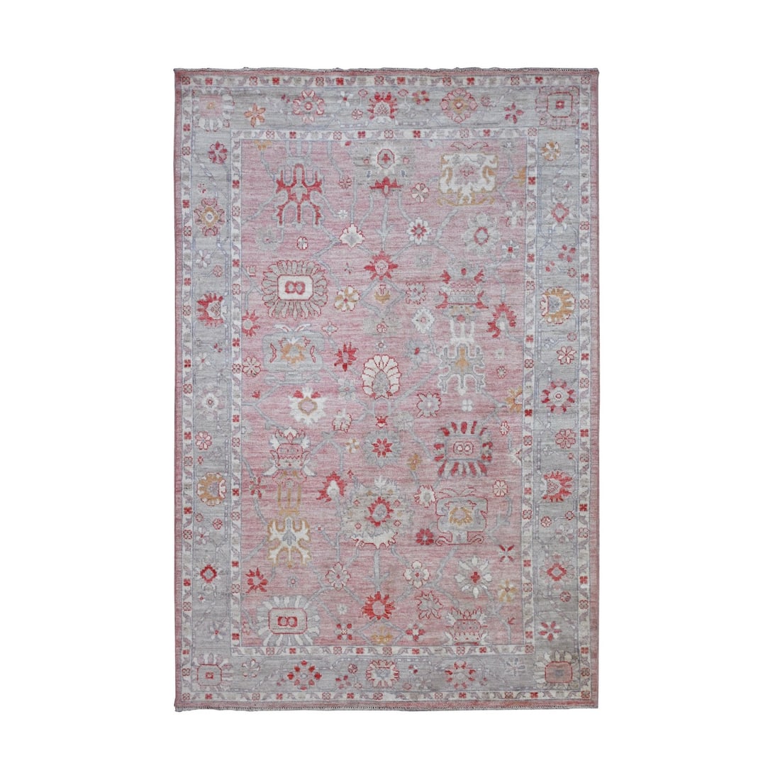 6'x9'1" Pink Afghan Angora Oushak Leaf Design Hand Knotted Pure Wool Rug: 6'x9'1" Pink Afghan Angora Oushak Leaf Design Hand Knotted Pure Wool Rug Hand-knotted in pure wool, this stunning 6'x9'1" Oushak-style rug boasts an intricate leaf design in rich pink hues against a c