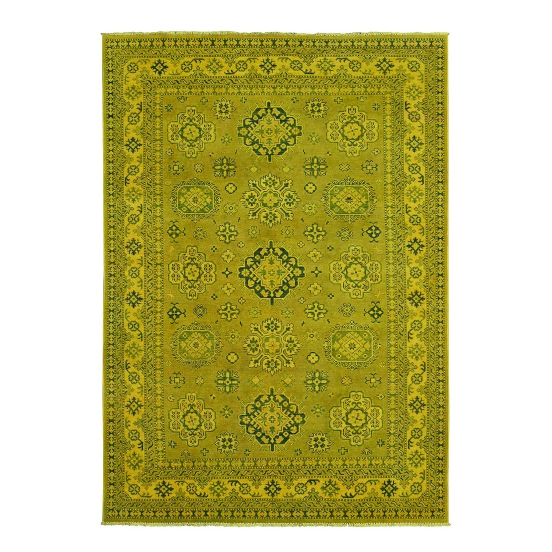 6'x8'6" Golden Brown Overdyed Kazak Tribal Design Hand Knotted Wool Rug: 6'x8'6" Golden Brown Overdyed Kazak Tribal Design Hand Knotted Wool Rug Golden brown hues and intricate tribal patterns come together in this stunning Kazak-style hand-knotted wool rug, measuring 5'11