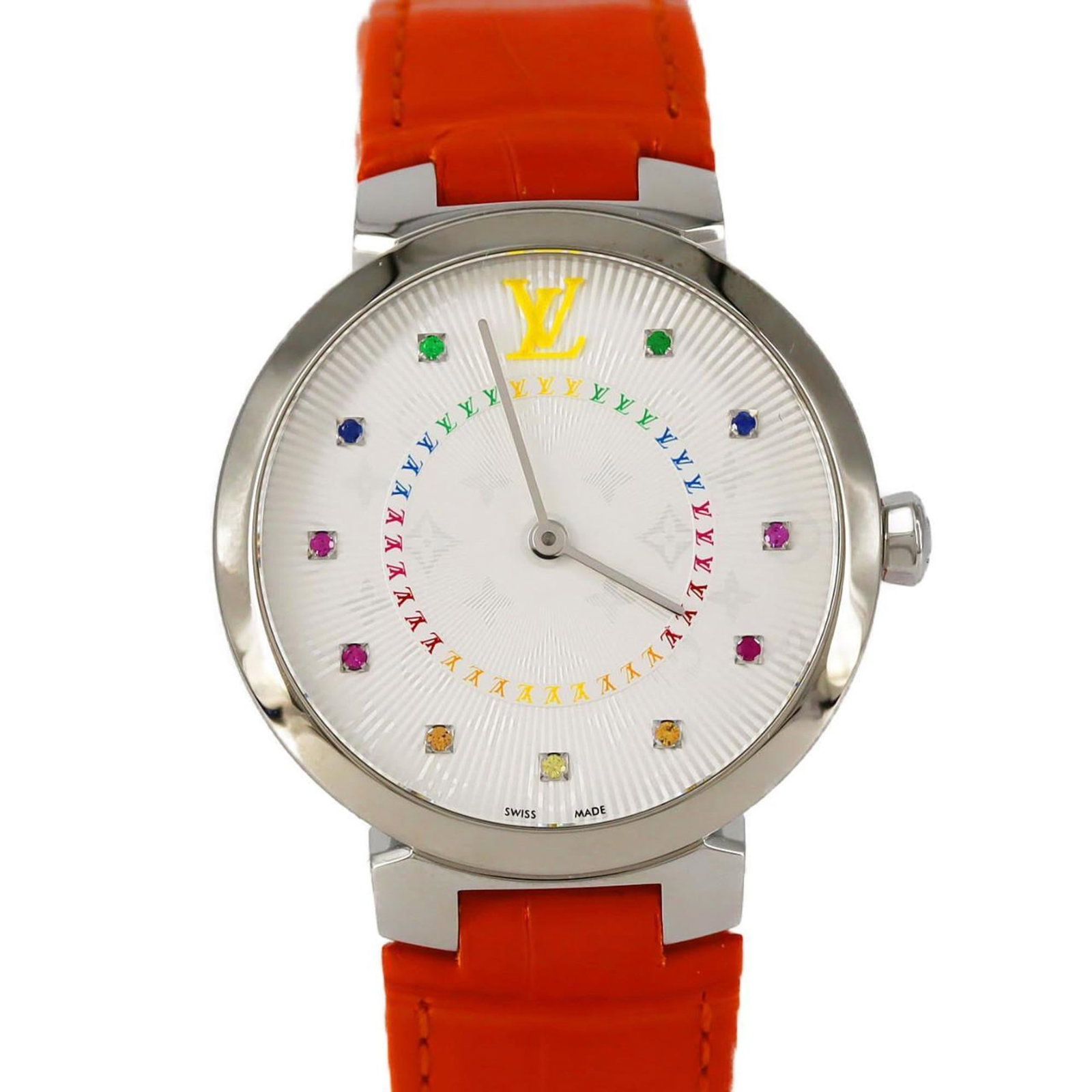 Louis Vuitton Wristwatch: Louis Vuitton Wristwatch Stainless steel case with multi-color, silver dial adds a touch of elegance to this Louis Vuitton wristwatch. The watch features an analog display and measures 33mm in