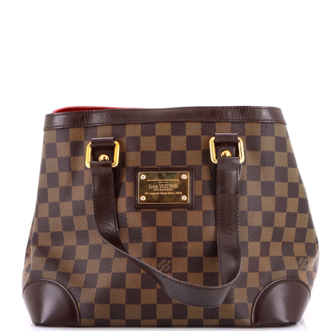 Damier PM Louis Vuitton Hampstead Handbag: Damier PM Louis Vuitton Hampstead Handbag Brown Damier PM Louis Vuitton Hampstead Handbag with canvas-coated exterior, featuring a classic tote style and gold hardware. The bag measures 11" in height 