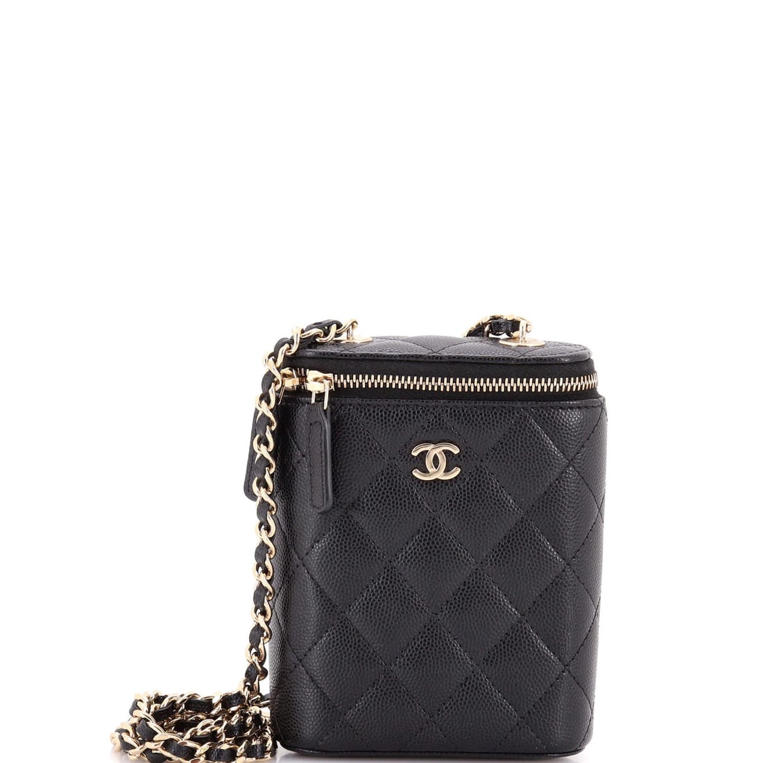 Quilted caviar case vanity classic vertical chain small: Quilted caviar case vanity classic vertical chain small Small Quilted Caviar Vanity Case with Chain in Black Leather. This classic vertical chain shoulder bag features quilted caviar design and gold t