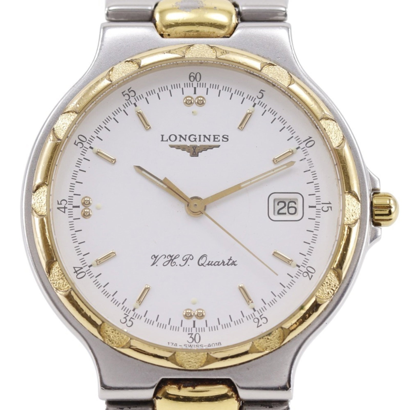 Longines Wristwatch: Longines Wristwatch The Longines wristwatch boasts a sleek 36mm gold plated case and stainless steel band, combining style with durability. Its white dial provides a crisp contrast against the metalli