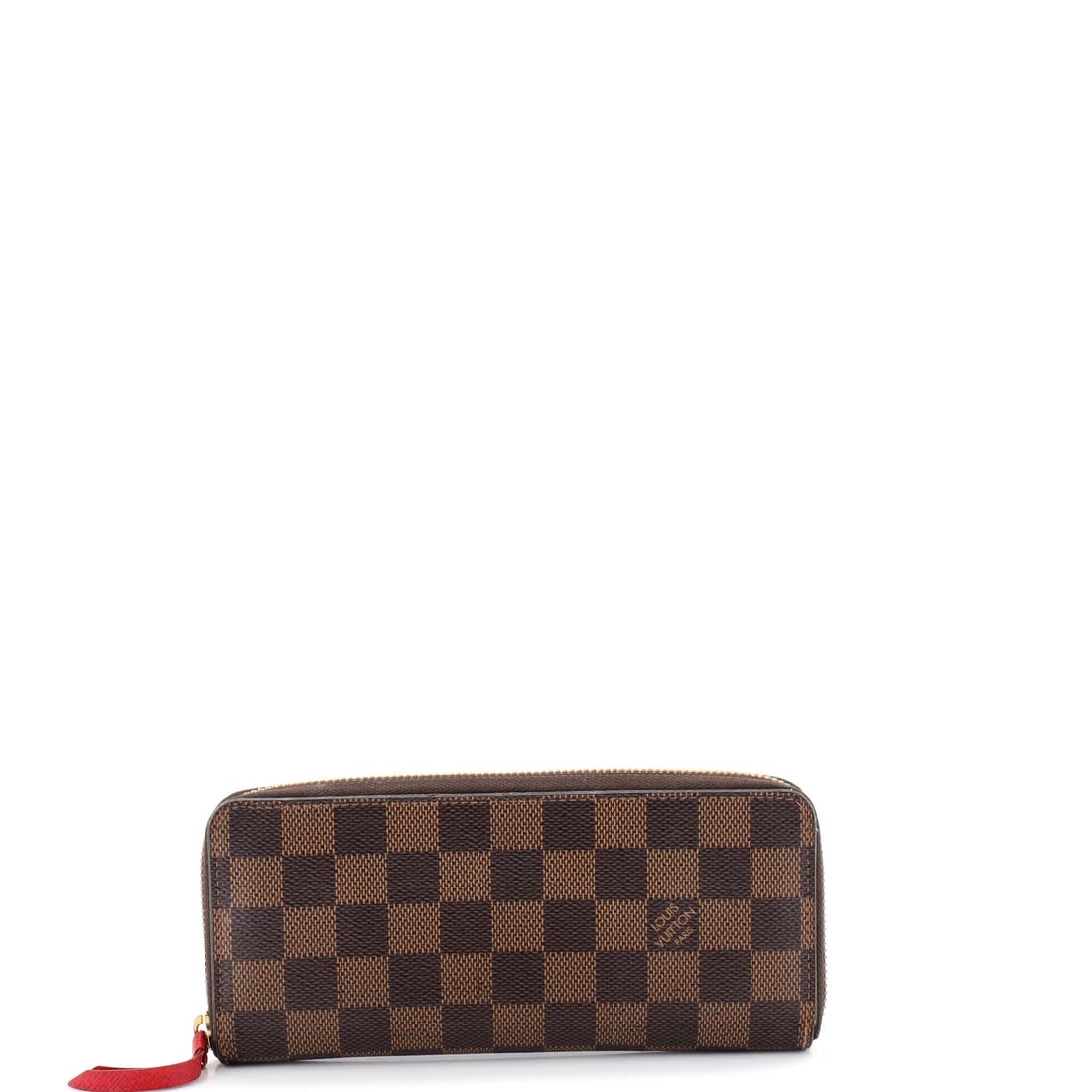 Clemence wallet Damier from Louis Vuitton: Clemence wallet Damier from Louis Vuitton Brown canvas coated exterior, red leather interior, and gold hardware define the classic Clemence wallet Damier from Louis Vuitton. Measuring 3.5" in height,