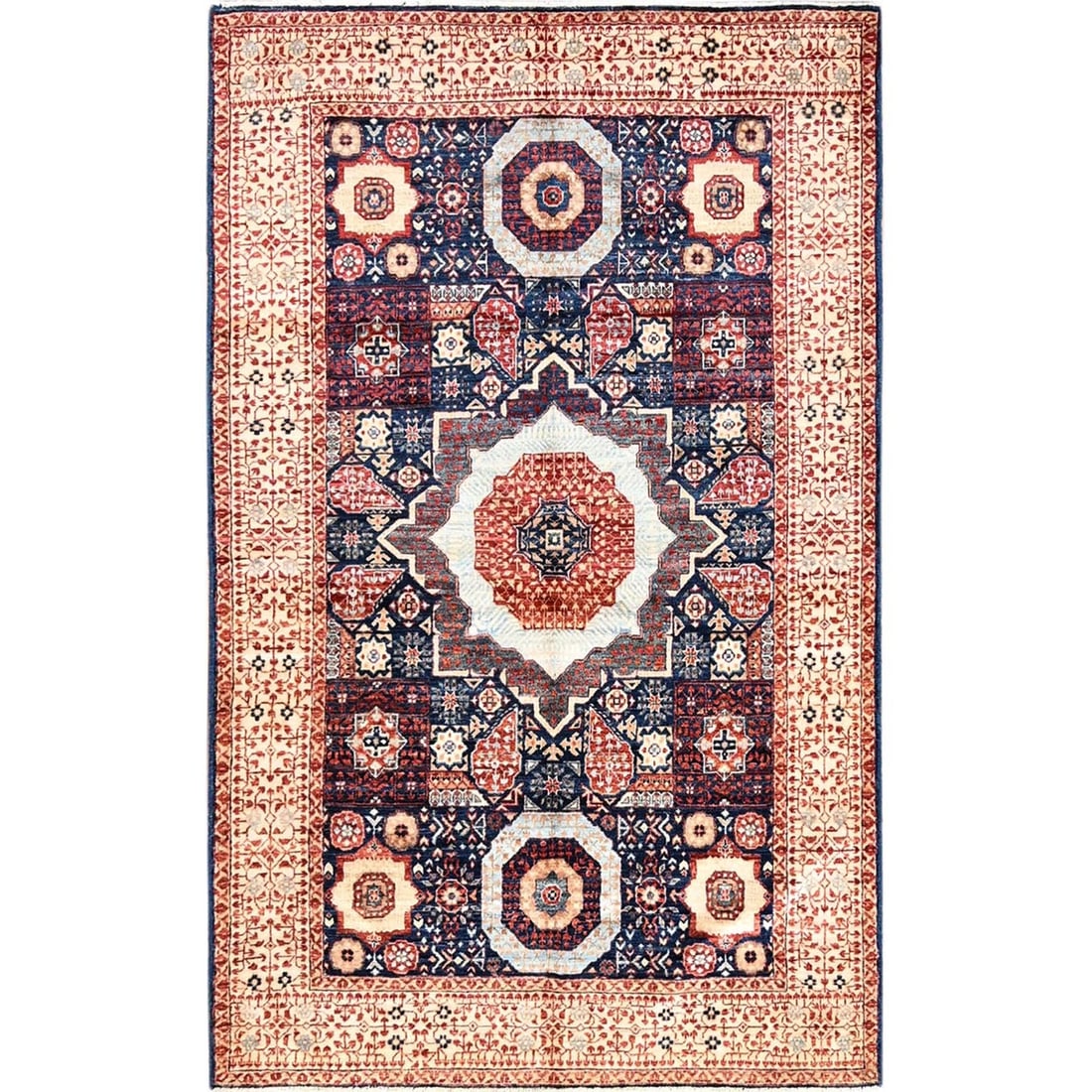 3'10"x6'3" Blue Hand Knotted Mamluk Design Pure Wool Oriental Rug: 3'10"x6'3" Blue Hand Knotted Mamluk Design Pure Wool Oriental Rug The Blue Hand Knotted Mamluk Design Pure Wool Oriental Rug boasts an impressive rectangular field with a rich blue background,