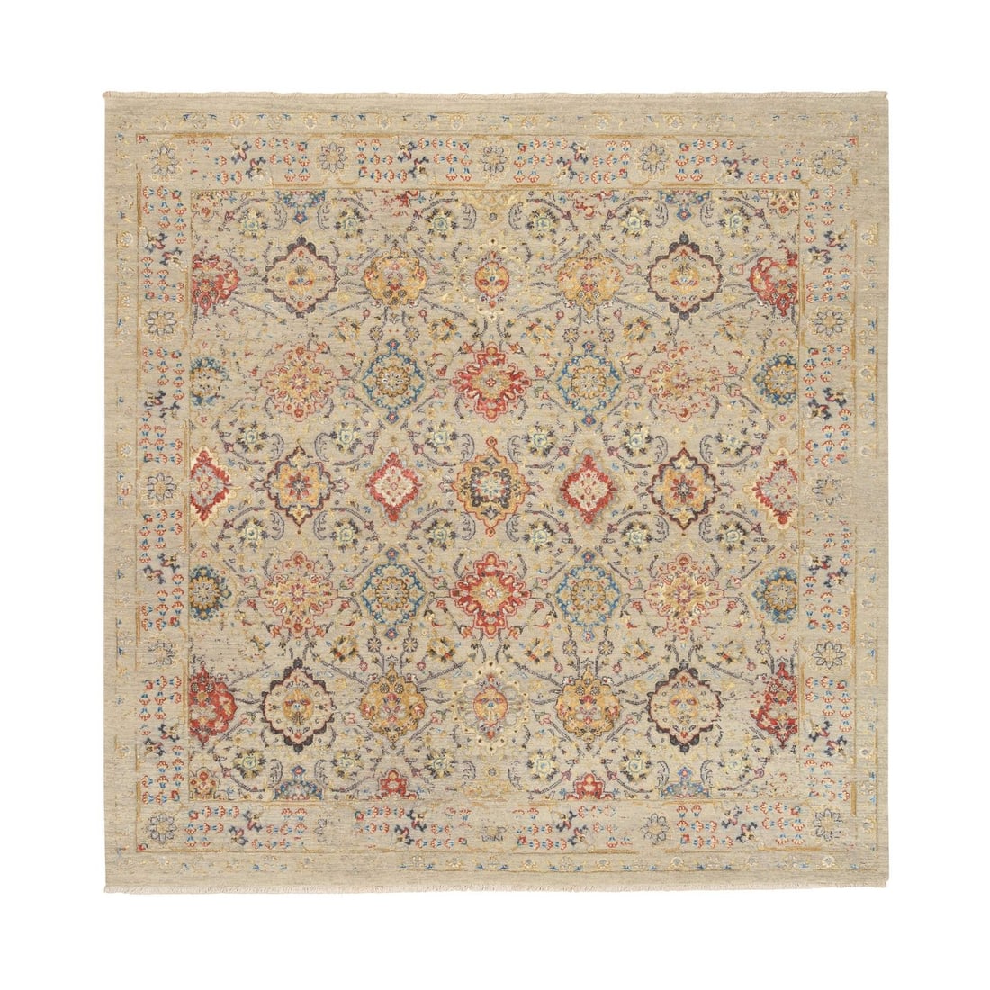 8'1"x8'1" Beige THE SUNSET ROSETTES Wool & Silk Hand Knotted Square Rug: 8'1"x8'1" Beige THE SUNSET ROSETTES Wool & Silk Hand Knotted Square Rug The Sunset Rosettes wool and silk hand-knotted square rug boasts an elegant beige color with intricate red, yellow, blue, brown,