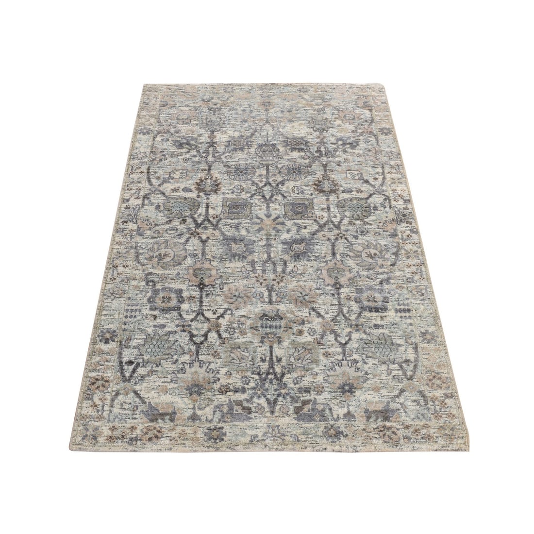 3'x5'2" White Silk with Wool Tebraz Vase Design Hand Knotted Rug: 3'x5'2" White Silk with Wool Tebraz Vase Design Hand Knotted Rug Hand-knotted in silk and wool, this stunning Tebraz Vase Design rug boasts an intricate, rectangular field with subtle variations in