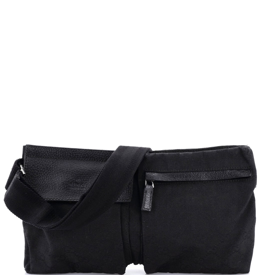 Gucci Vintage Bag GG Canvas Double Belt Leather: Gucci Vintage Bag GG Canvas Double Belt Leather Canvas and leather come together in this Gucci Vintage Bag, featuring a double belt design. The bag's black canvas exterior shows signs of wear, includi