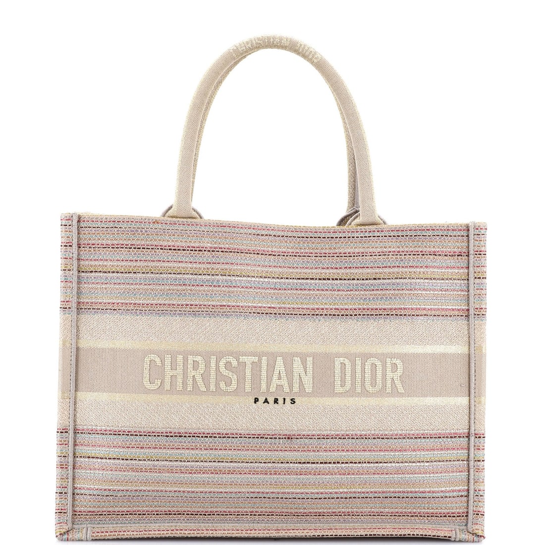 Christian Dior Canvas Embroidered Tote Medium Multicolor Stripes Book: Christian Dior Canvas Embroidered Tote Medium Multicolor Stripes Book Canvas Embroidered Tote in Vibrant Multicolor Stripes. This medium-sized tote features a striking multicolor stripe pattern