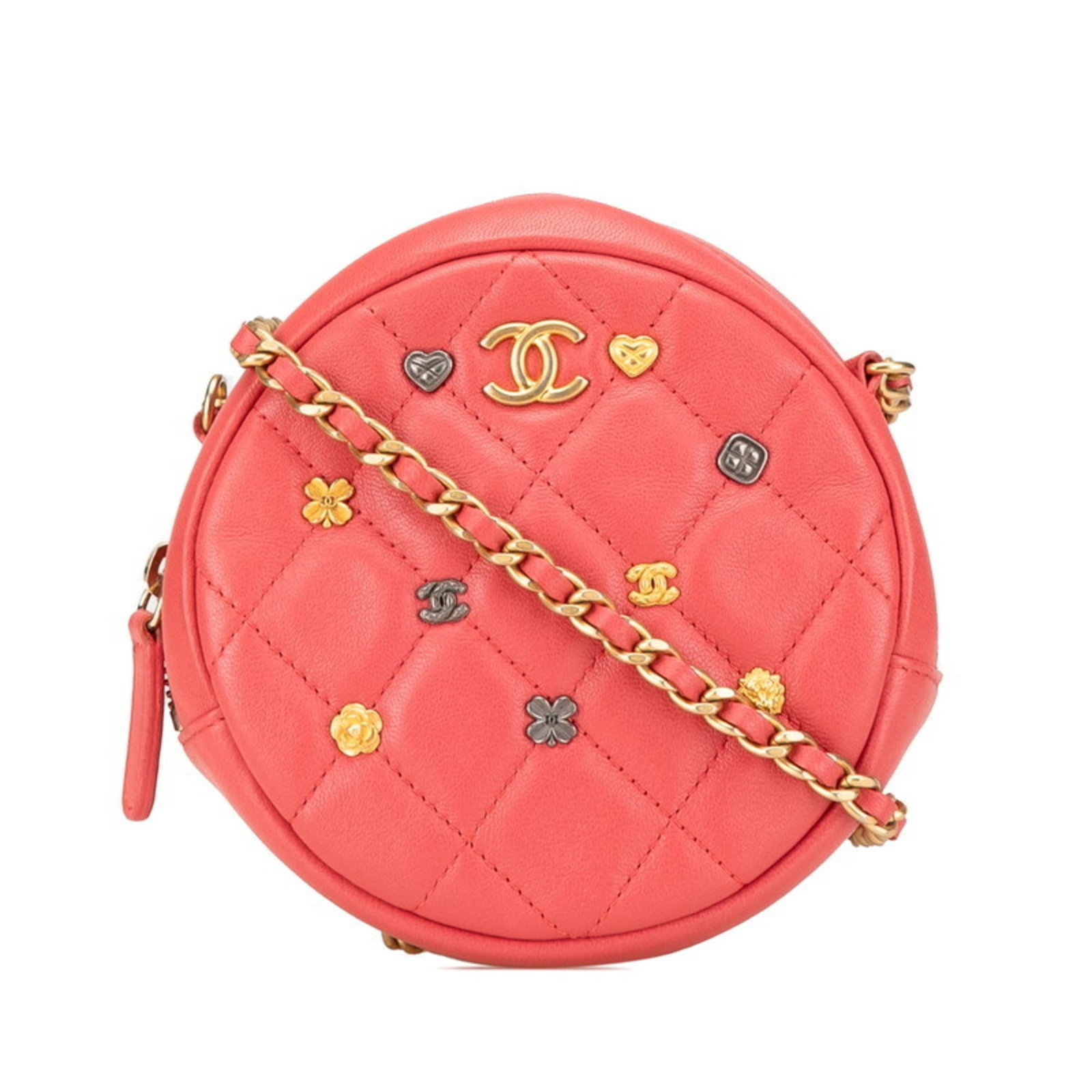 Shoulder Bag Leather: Shoulder Bag Leather This red lambskin shoulder bag from Chanel features classic design elements and premium leather construction. With its timeless style and subtle wear, it presents a versatile acce
