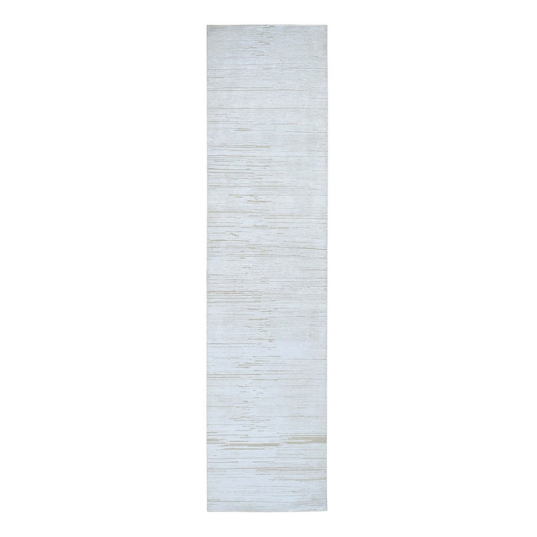 2'6"x12' Silk with Textured Wool Tone on Tone Striae Design Runner Rug: 2'6"x12' Silk with Textured Wool Tone on Tone Striae Design Runner Rug Hand-knotted with wool and silk, this stunning oriental rug boasts an intricate tone-on-tone strie design in a soothing beige