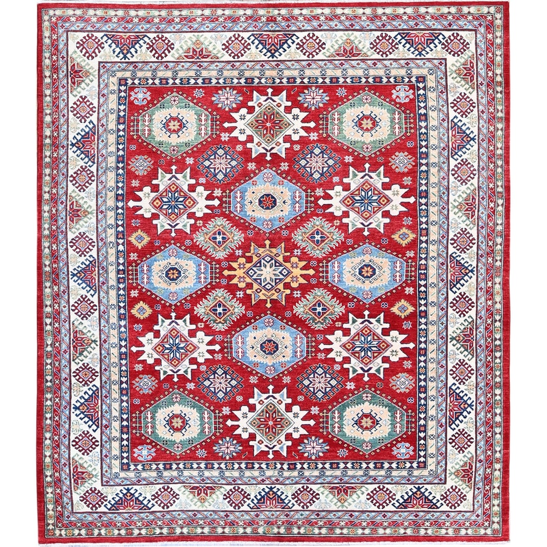 8'2"x9'8" Red Kazak with Geometric Medallions Design Wool Hand Knotted Rug: 8'2"x9'8" Red Kazak with Geometric Medallions Design Wool Hand Knotted Rug This stunning 8'2"x9'8" Red Kazak with Geometric Medallions Design Wool Hand Knotted Rug boasts a vibrant red color and intri