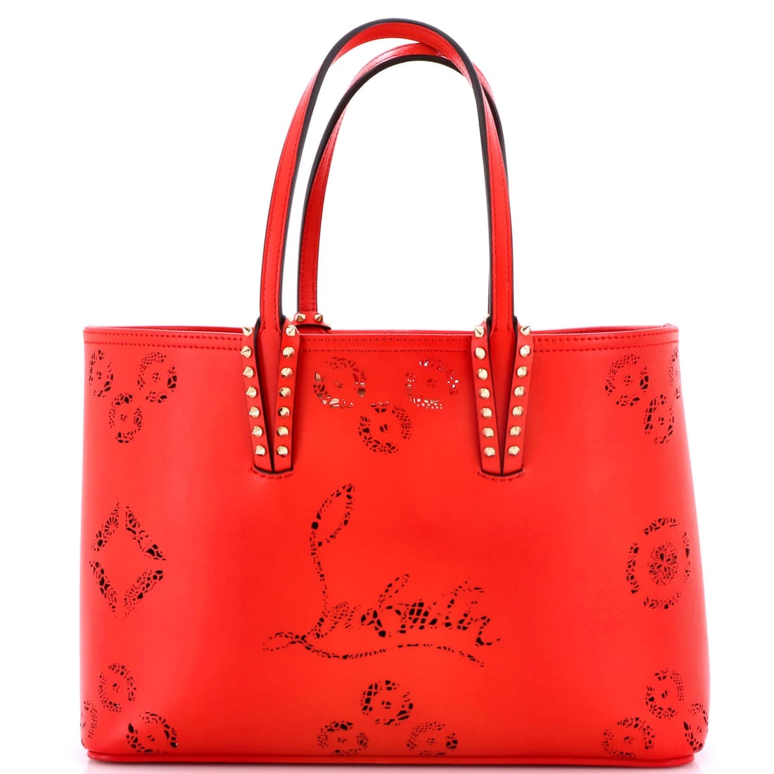 Cabata East West Perforated Leather Small Christian Louboutin Tote: Cabata East West Perforated Leather Small Christian Louboutin Tote Small Christian Louboutin Cabata East West Perforated Leather Tote in Red, featuring scuffs and edge wear on exterior leather. The