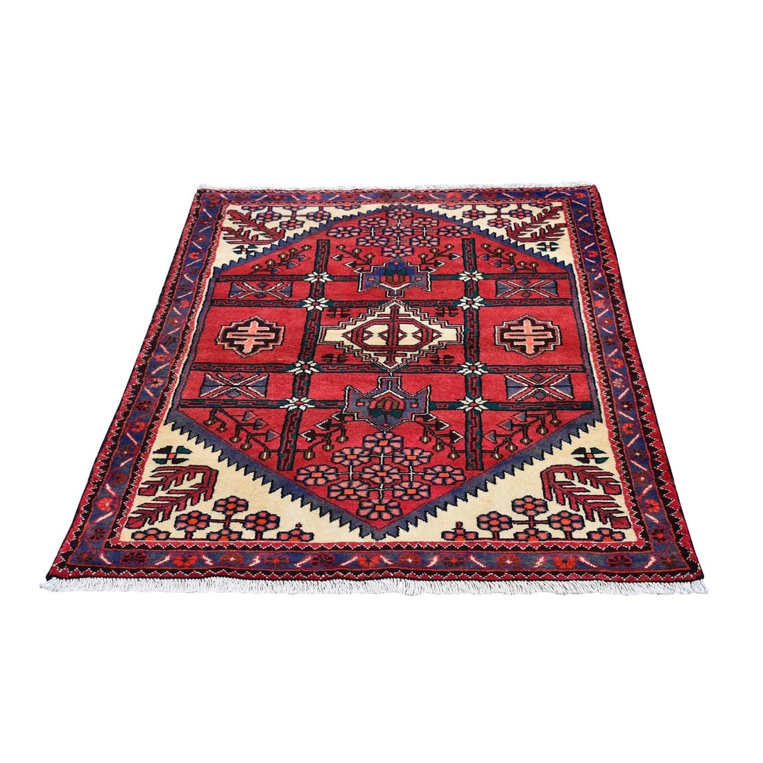 3'5"x4'10" Rural Village Old Farsian Amadan Mint Cond Wool Hand Made Rug: 3'5"x4'10" Rural Village Old Farsian Amadan Mint Cond Wool Hand Made Rug This stunning 3'5"x4'10" hand-woven wool rug boasts vibrant red hues and a unique, vintage charm. Made from 100% natural cond