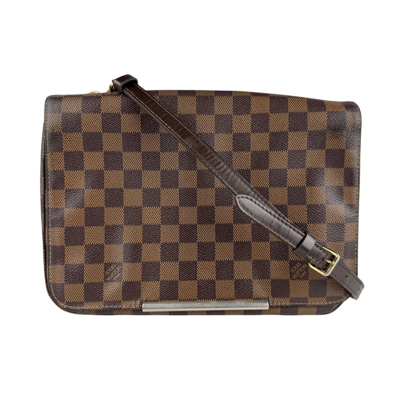 Canvas Damier Shoulder Bag Louis Vuitton: Canvas Damier Shoulder Bag Louis Vuitton Damier canvas pattern adds visual interest to this classic Louis Vuitton shoulder bag, featuring a timeless brown color. The bag's condition shows signs of