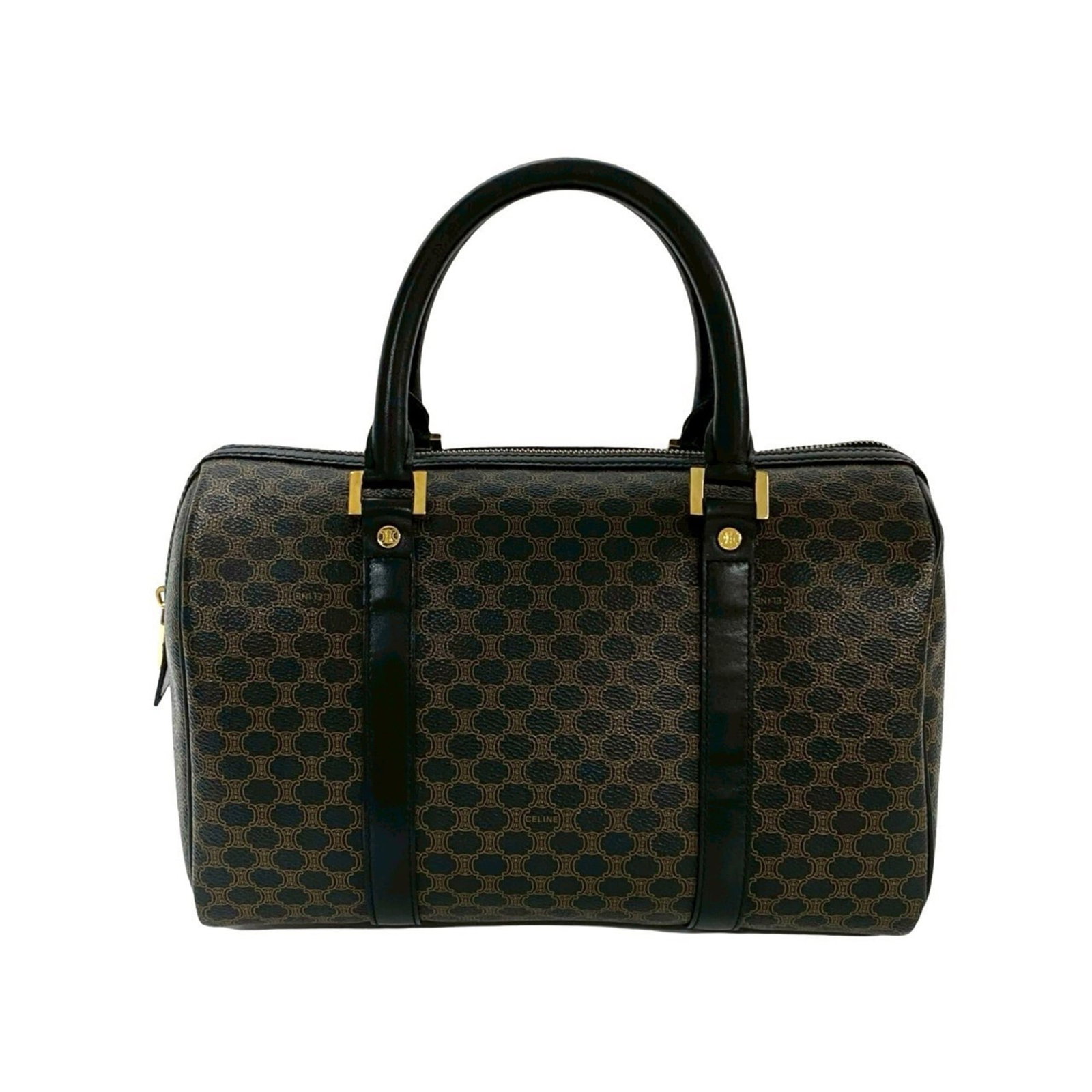 Boston Bag Leather Pvc Handbag Celine: Boston Bag Leather Pvc Handbag Celine Black and Brown Boston Bag Leather Pvc Handbag from Celine, featuring a classic design with a mix of leather and PVC materials. Measuring 18.5cm x 29cm x 15.5cm, 