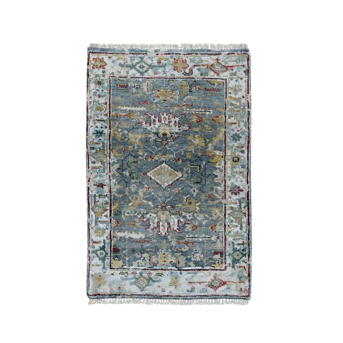 2'x2'10" Slate Gray Erased Heris Design Pure Wool Hand Knotted Mat Rug: 2'x2'10" Slate Gray Erased Heris Design Pure Wool Hand Knotted Mat Rug The Slate Gray Erased Heris Design Pure Wool Hand Knotted Mat Rug is a stunning piece of craftsmanship, boasting an intricate