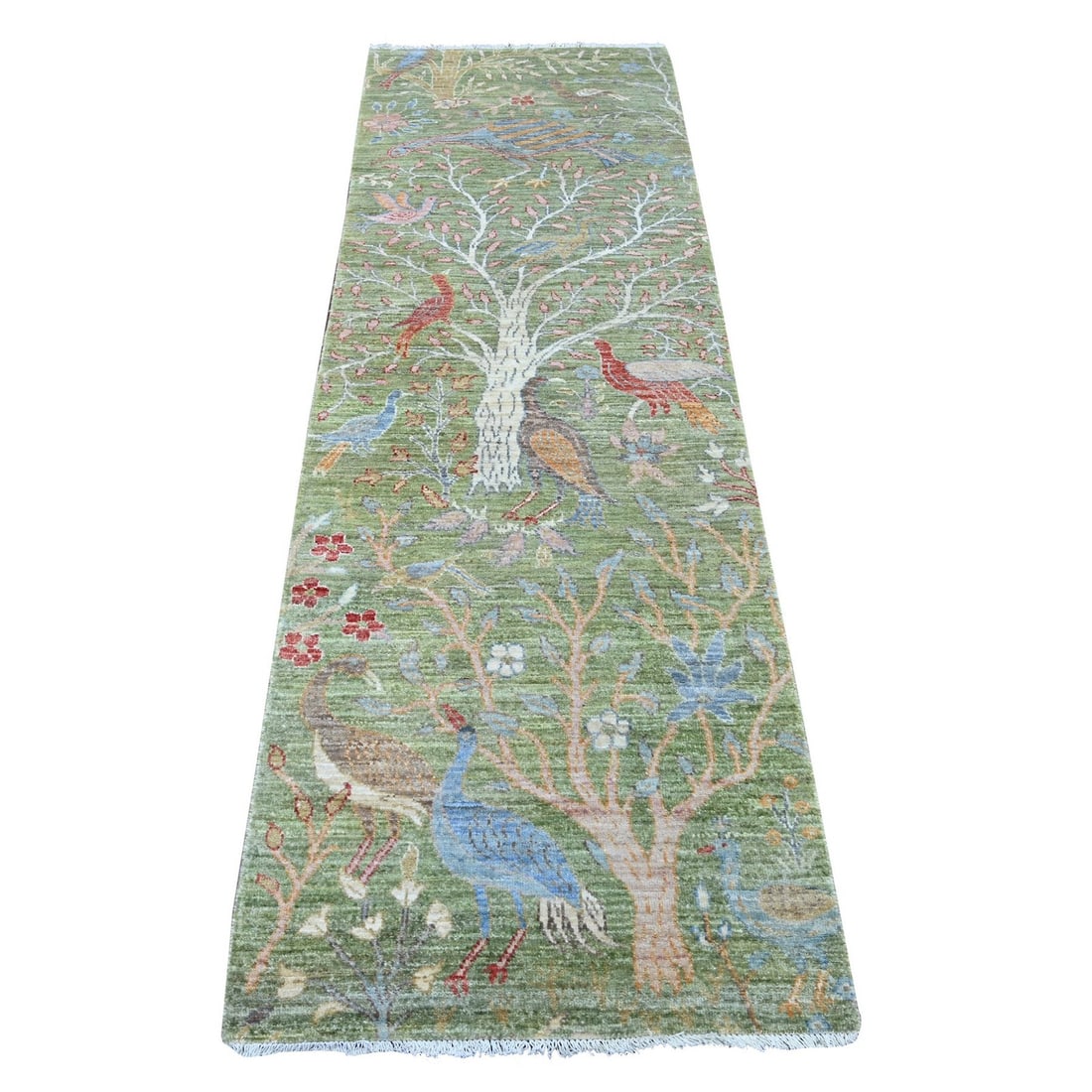 2'7"x8'1" Green Peshawar Birds of Paradise Design Hand Knotted Wool Runner: 2'7"x8'1" Green Peshawar Birds of Paradise Design Hand Knotted Wool Runner Hand-knotted in wool, this vibrant green Peshawar Birds of Paradise design runner measures 2'7" x 8'1" and boasts a rich,