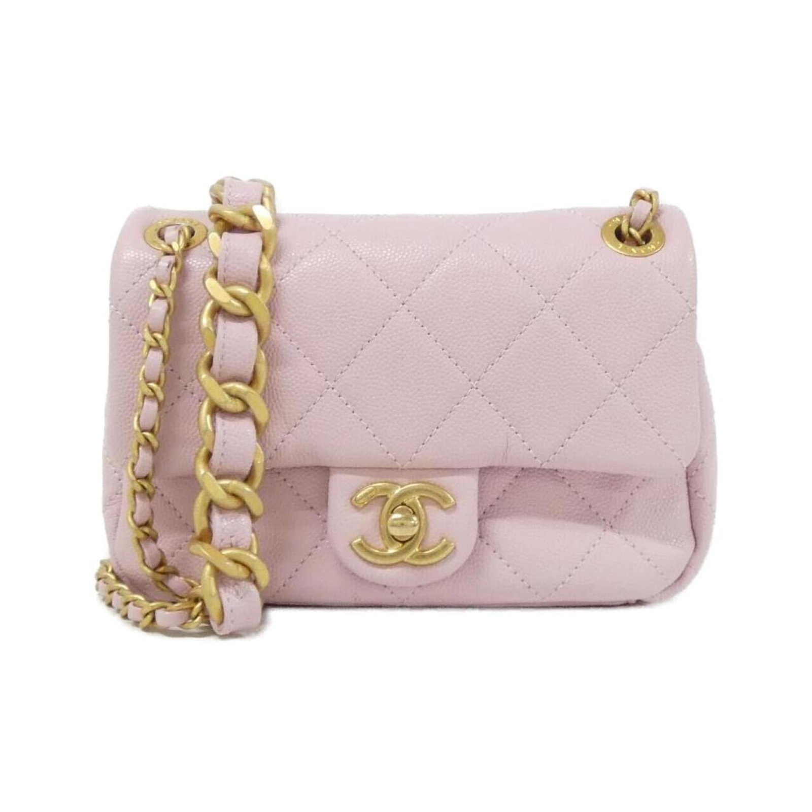 Calfskin shoulder bag by Chanel: Calfskin shoulder bag by Chanel Pink Grained Calfskin Shoulder Bag by Chanel, with matte gold hardware and a classic design, boasts a timeless elegance. Measuring 11cm x 17cm x 4cm, it offers a