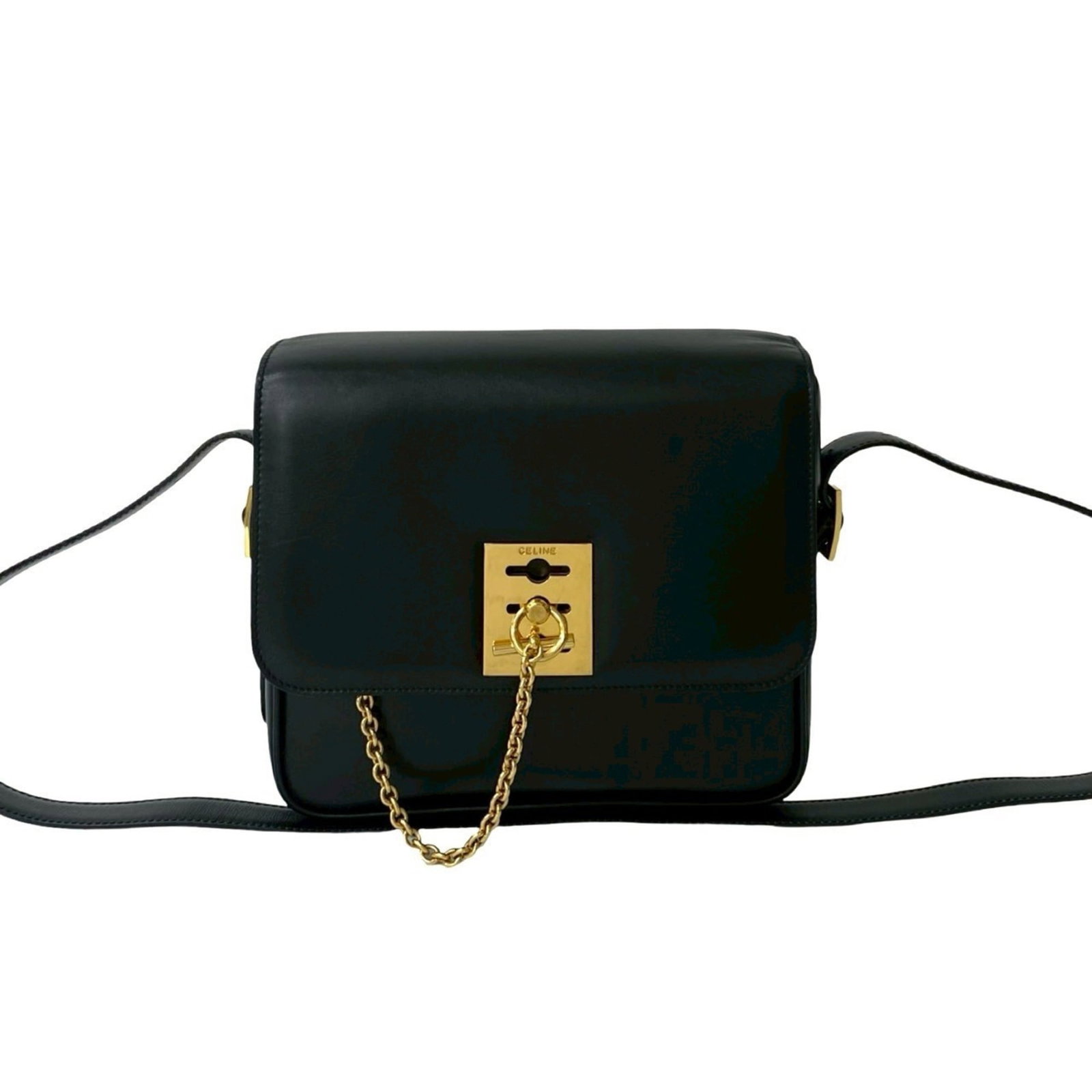 Shoulder Bag Leather Pochette Celine: Shoulder Bag Leather Pochette Celine Black Calfskin Leather Pochette from Celine, featuring a classic shoulder bag design with a timeless black color. The item has been used and shows signs of wear,