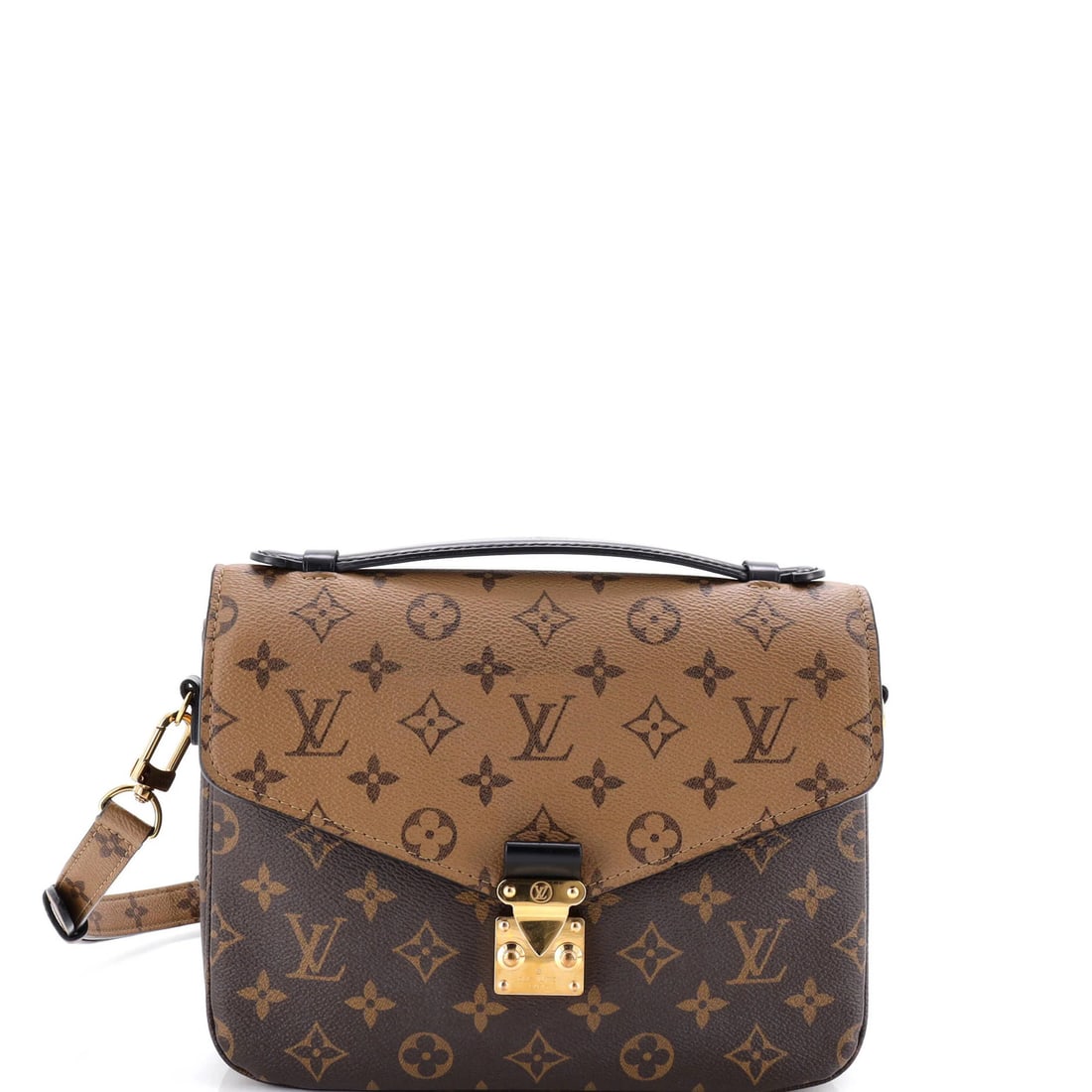 Pochette Metis Reverse Monogram Louis Vuitton: Pochette Metis Reverse Monogram Louis Vuitton The Pochette Metis Reverse Monogram Louis Vuitton is a stylish cross body bag with a brown canvas exterior and gold hardware. Measuring 8" tall, 10" wide,