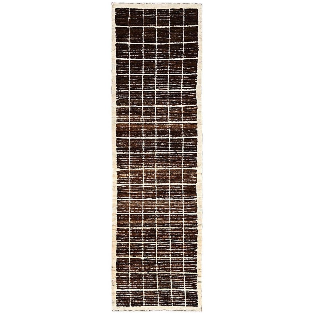 2'9"x9'4" Brown Moroccan Weave Grid Design Hand Knotted Wool Runner Rug: 2'9"x9'4" Brown Moroccan Weave Grid Design Hand Knotted Wool Runner Rug Brown Moroccan Weave Grid Design Hand Knotted Wool Runner Rug measures 2'9"x9'4" and features a unique geometric pattern in a