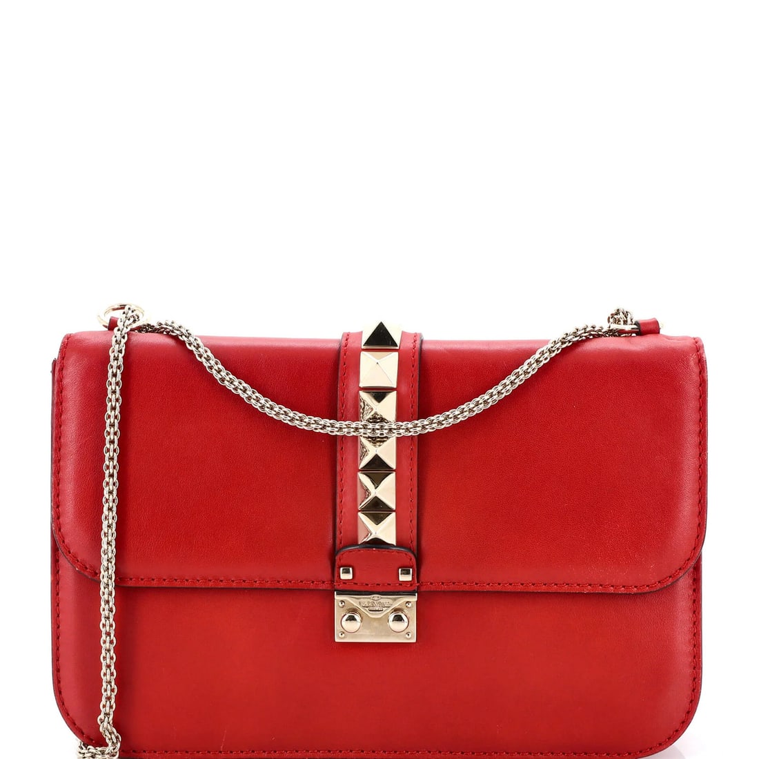 Valentino Garavani Glam Lock Leather Large Shoulder Bag: Valentino Garavani Glam Lock Leather Large Shoulder Bag Red leather large shoulder bag with gold hardware, featuring the Glam Lock design. Measuring 11" handle drop, 9" height, and 11.5" width, this
