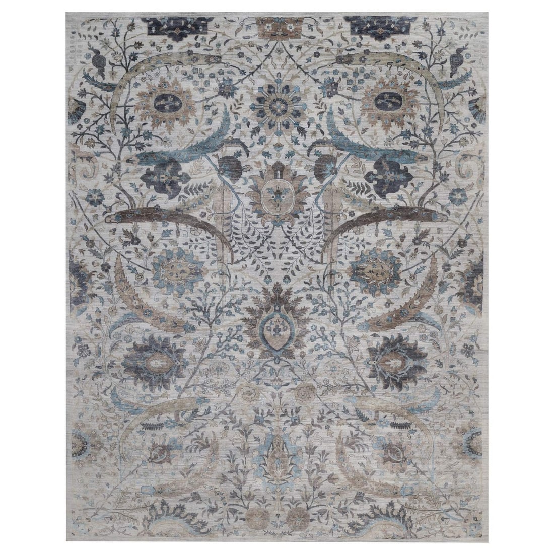 12'1"x15'2" Light Gray Sickle Leaf Design Silk with Wool Hand Knotted Rug: 12'1"x15'2" Light Gray Sickle Leaf Design Silk with Wool Hand Knotted Rug The 12'1"x15'2" Light Gray Sickle Leaf Design Silk with Wool Hand Knotted Rug boasts an elegant, rectangular field design in
