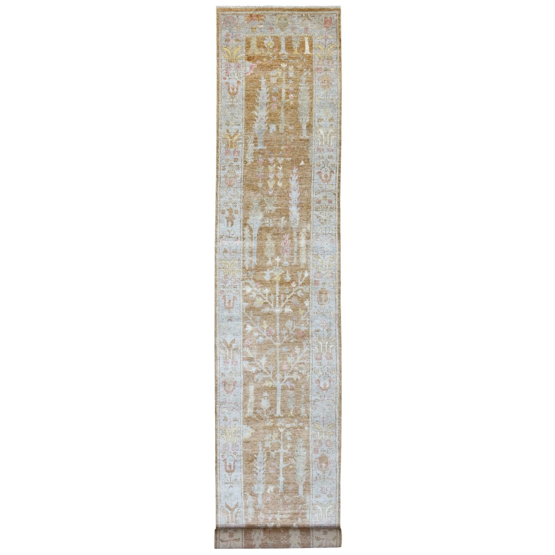 2'7"x17'2" Hand Knotted Almond Brown Angora Oushak Wool XL Runner Rug: 2'7"x17'2" Hand Knotted Almond Brown Angora Oushak Wool XL Runner Rug Hand-knotted in Afghanistan, this stunning Almond Brown Angora Oushak Wool XL Runner Rug boasts an intricate Oriental regional