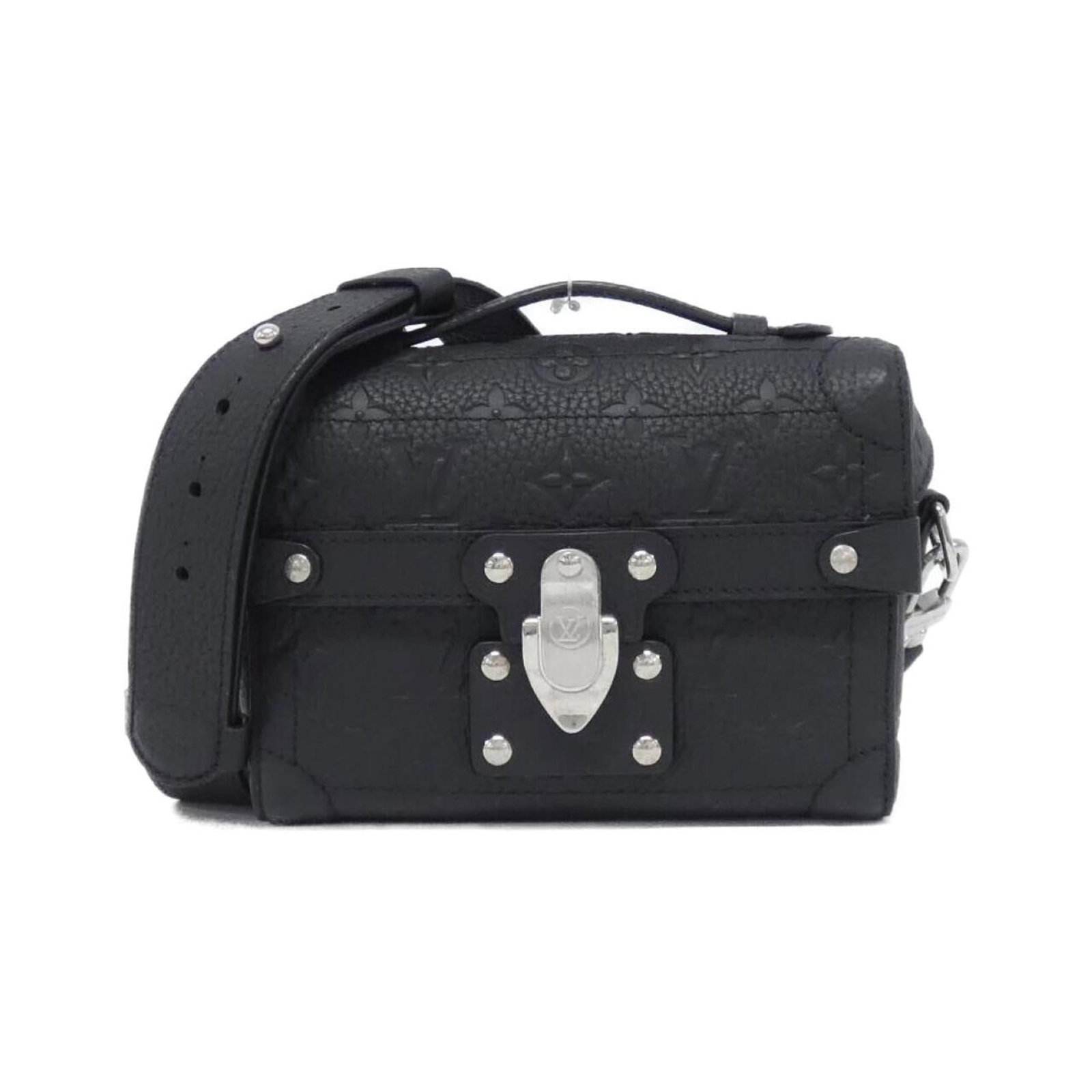 Handbag Leather Louis Vuitton: Handbag Leather Louis Vuitton The Louis Vuitton handbag features high-quality calf leather in black, with silver hardware adding a touch of elegance. This stylish bag has some minor signs of wear and