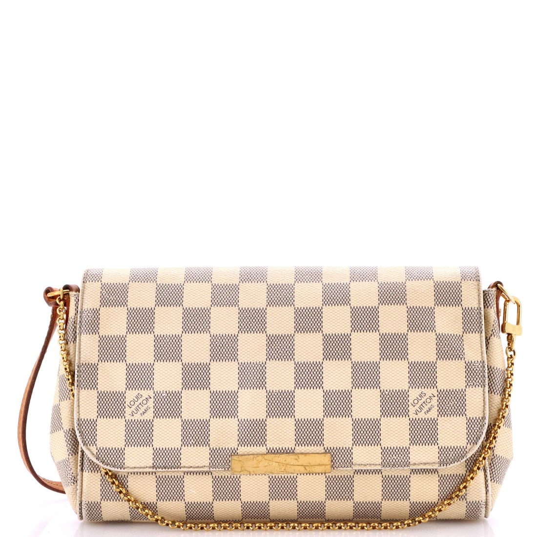 Damier Favorite Louis Vuitton Handbag: Damier Favorite Louis Vuitton Handbag White Damier Favorite Louis Vuitton Cross Body Bag in Fair Condition. This canvas-coated cross body bag features heavy corner wear, scuffs, creases, edge wear,