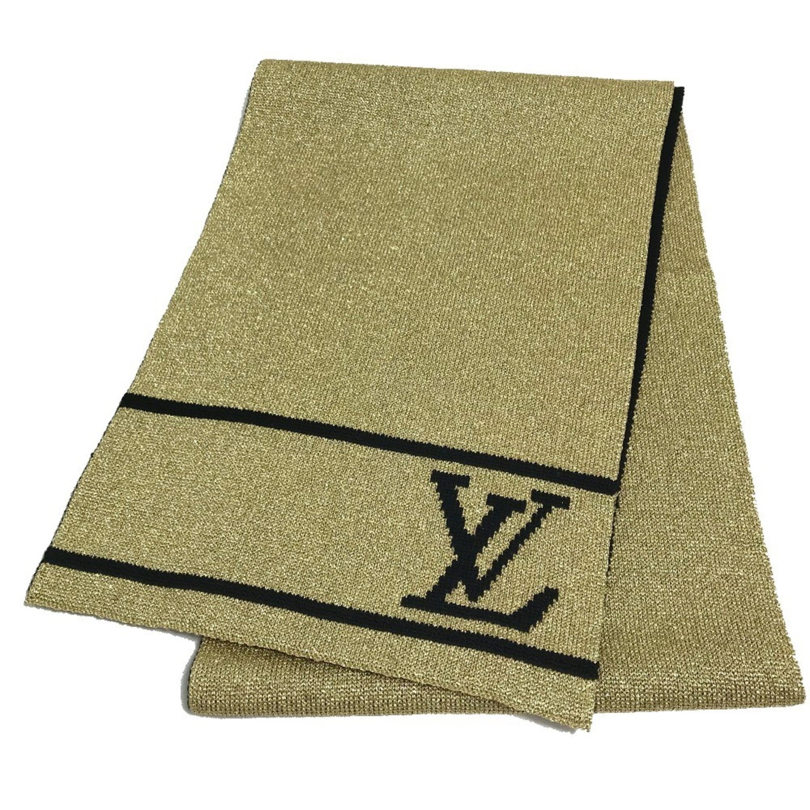 Louis Vuitton Stole: Louis Vuitton Stole Black wool stole with gold accents, measuring 1.82m x 29cm, bears signs of usage and minor scratches. The item's condition reflects its used state, but it remains in good overall c