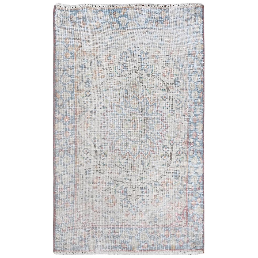 1'9"x2'9" Ivory Old Farsian Karman Worn Wool Hand Knotted Mat Rug: 1'9"x2'9" Ivory Old Farsian Karman Worn Wool Hand Knotted Mat Rug This hand-knotted Farsian rug boasts an intricate, worn wool pile in ivory and subtle accent colors. Measuring 1'9"x2'9", it features 