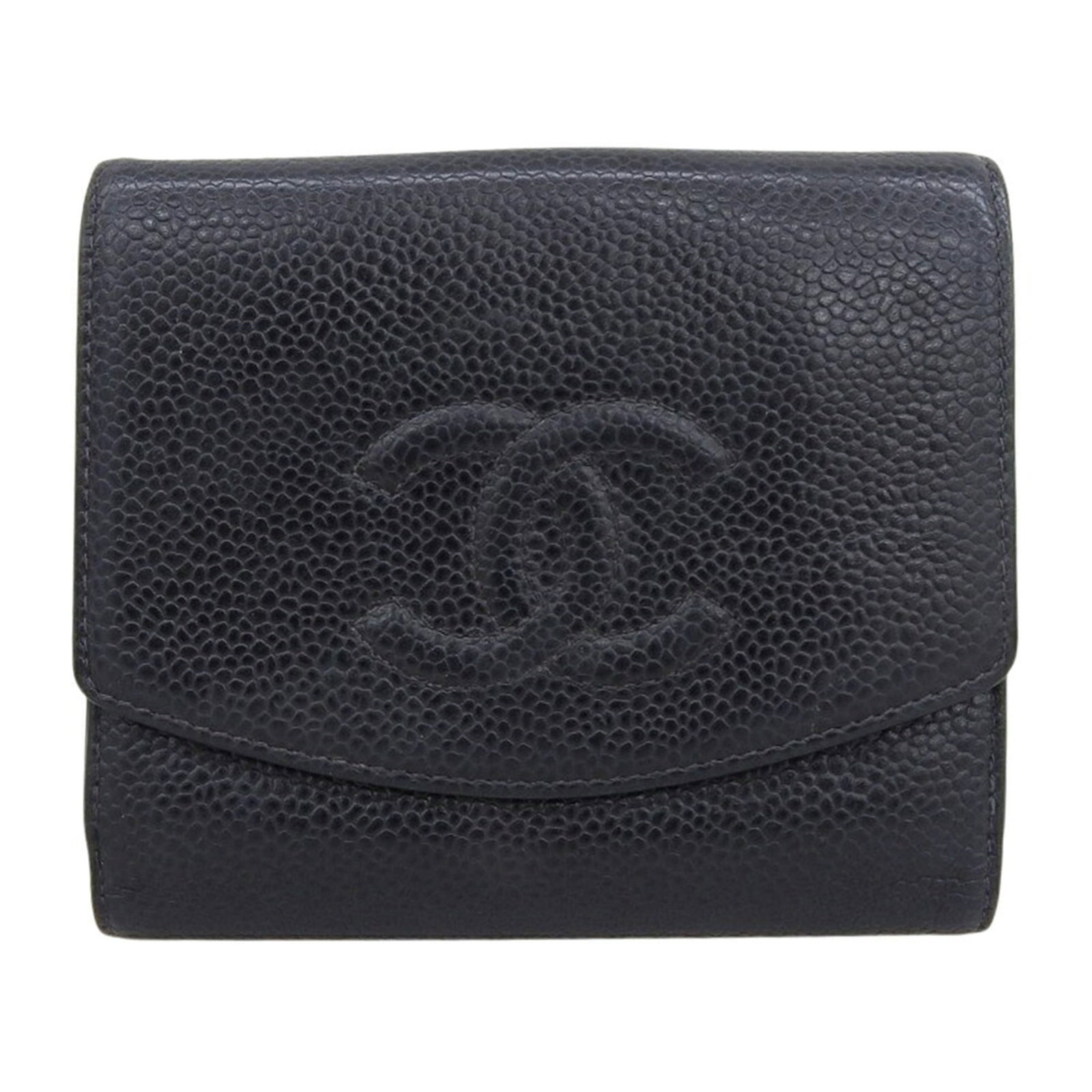 Calfskin Bi Fold Chanel Wallet: Calfskin Bi Fold Chanel Wallet Calfskin Bi Fold Chanel Wallet for sale, featuring genuine grained calfskin and a classic bi-fold design. Traces of usage are evident, with minor scratches and dirt