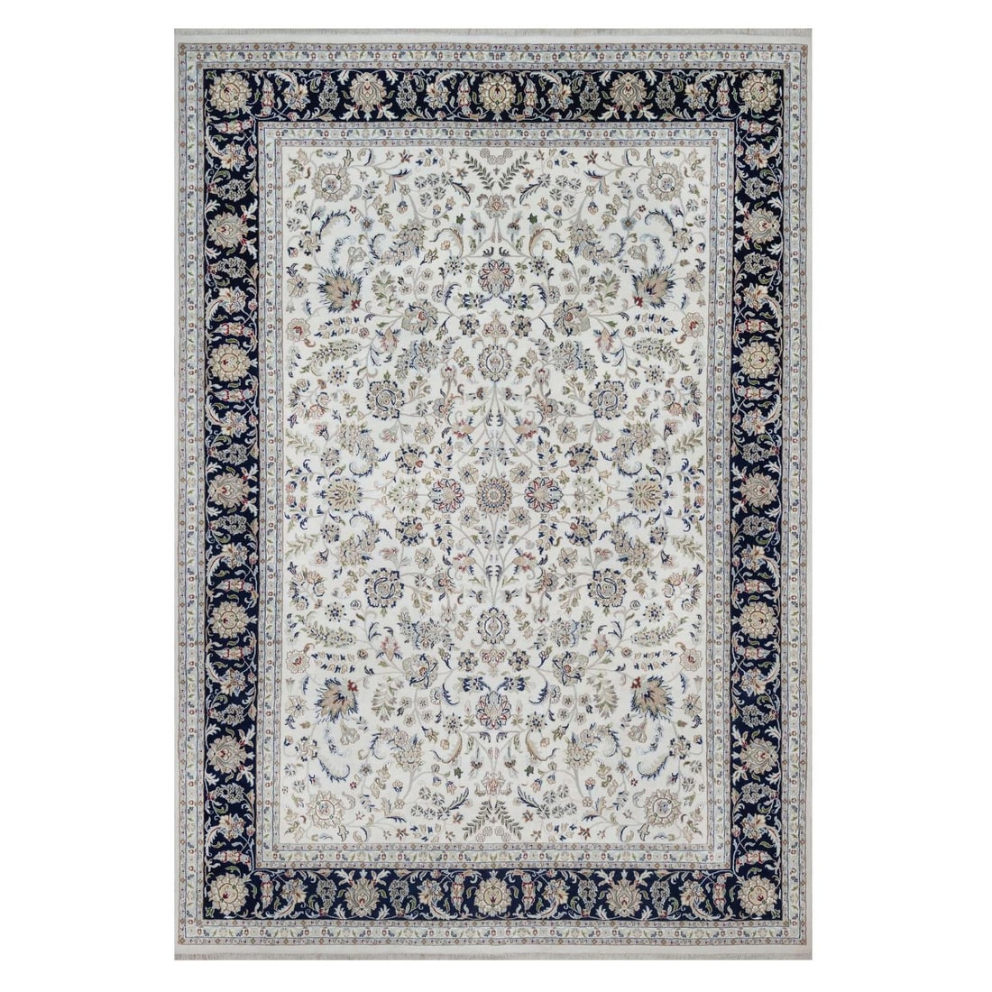 10'x14'3" Ivory Hand Knotted Nain with Flower Design Wool and Silk Rug: 10'x14'3" Ivory Hand Knotted Nain with Flower Design Wool and Silk Rug This stunning 10'x14'3" Ivory Hand Knotted Nain rug boasts an intricate all-over flower design in wool and silk, set against a