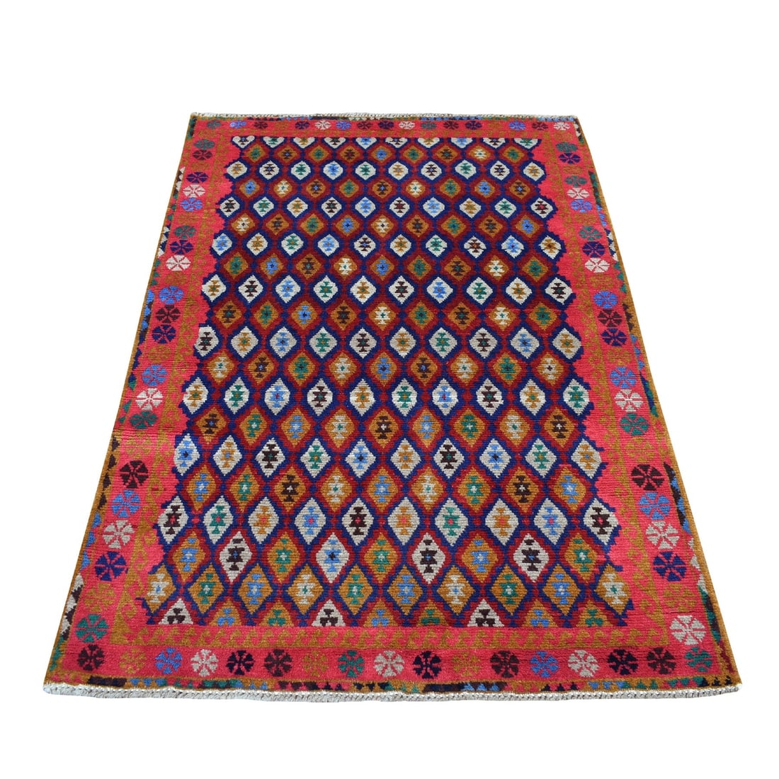 4'x6'1" All Over Design Hand Knotted Pure Wool Colorful Afghan Tribal Rug: 4'x6'1" All Over Design Hand Knotted Pure Wool Colorful Afghan Tribal Rug Hand-knotted with love, this vibrant 4'x6'1" pure wool Afghan tribal rug boasts an all-over design that showcases the rich