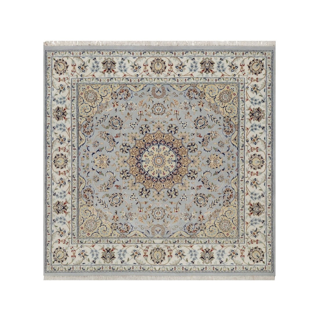 Light blue wool silk rug nain hand knotted square x6'3: Light blue wool silk rug nain hand knotted square x6'3 Light blue wool silk rug, expertly hand-knotted in the traditional Nain style. This stunning piece boasts intricate medallion patterns and a rich