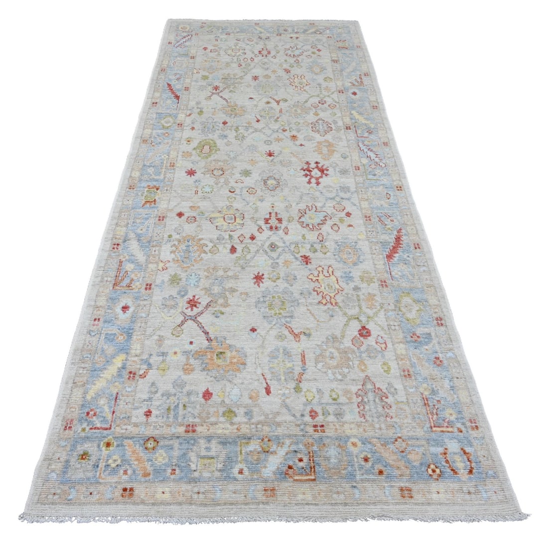 4'1"x10'1" White Hand Knotted Angora Oushak Leaf Design Wool Runner Rug (1 of 6)