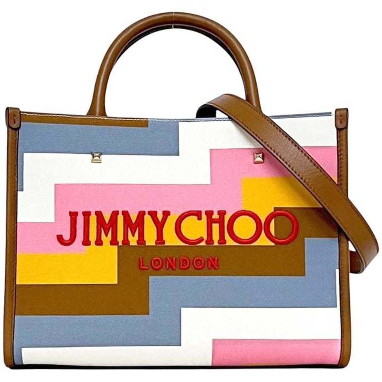Canvas leather tote bag by Jimmy Choo: Canvas leather tote bag by Jimmy Choo Canvas leather tote bag by Jimmy Choo in brown with multi-color accents, featuring a classic design and premium materials. The bag has a durable canvas exterior a