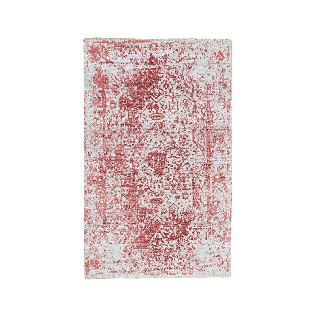 Broken wool silk hand knotted rug pink farsian design oriental: Broken wool silk hand knotted rug pink farsian design oriental Silk and wool blend, hand-knotted rug with an oriental Farsian design in pink. This rectangular field rug measures 60" x 36" and features