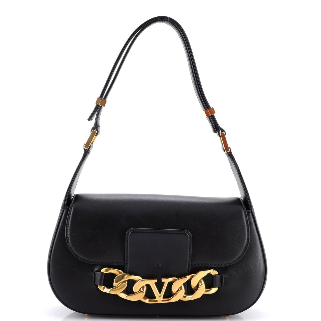 Valentino Garavani VLogo Chain Flap Shoulder Bag Leather Medium: Valentino Garavani VLogo Chain Flap Shoulder Bag Leather Medium Black leather medium-sized shoulder bag with VLogo chain flap, featuring metal hardware and gold accents. The exterior shows signs of