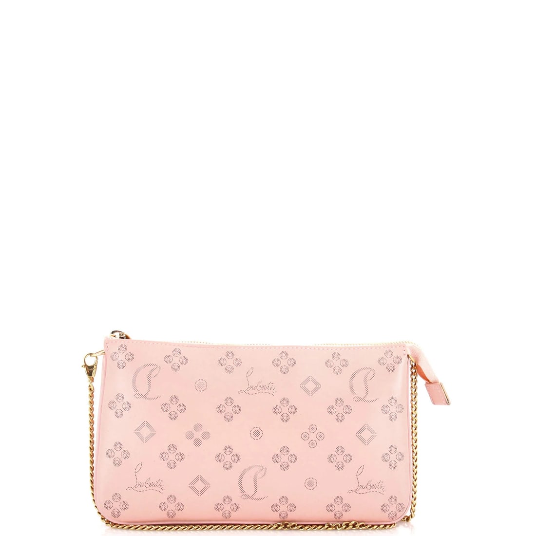 Perforated Leather Chain Loubila Clutch Christian: Perforated Leather Chain Loubila Clutch Christian The Loubila Chain Clutch features perforated leather and pink exterior, with red interior and gold hardware. This shoulder bag has undergone some