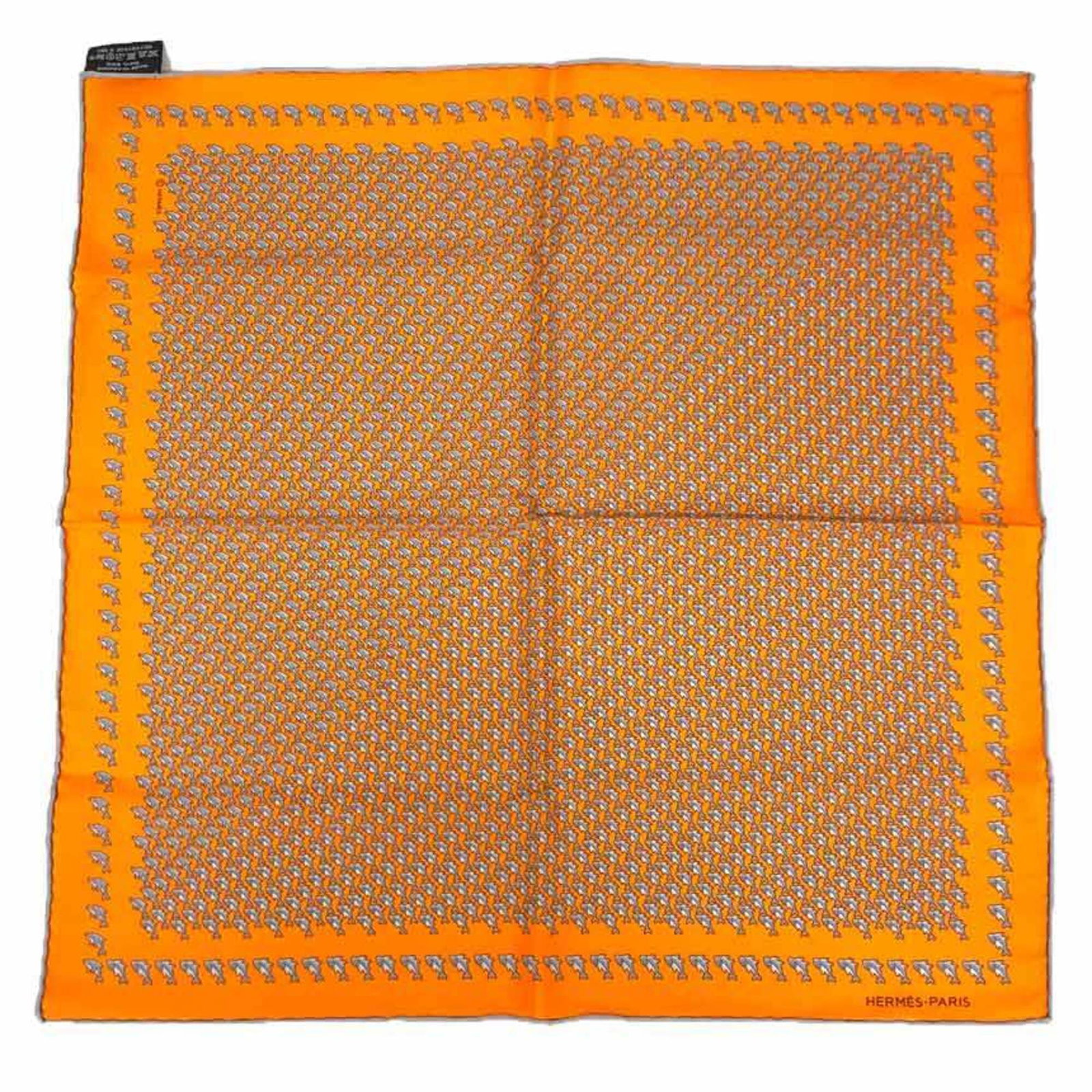 Hermes Scarf Silk 100%: Hermes Scarf Silk 100% Silk scarf from Hermes, made with 100% silk and measuring 41cm x 41cm. The vibrant orange color adds a pop of personality to any outfit. This opened, never-used scarf is now