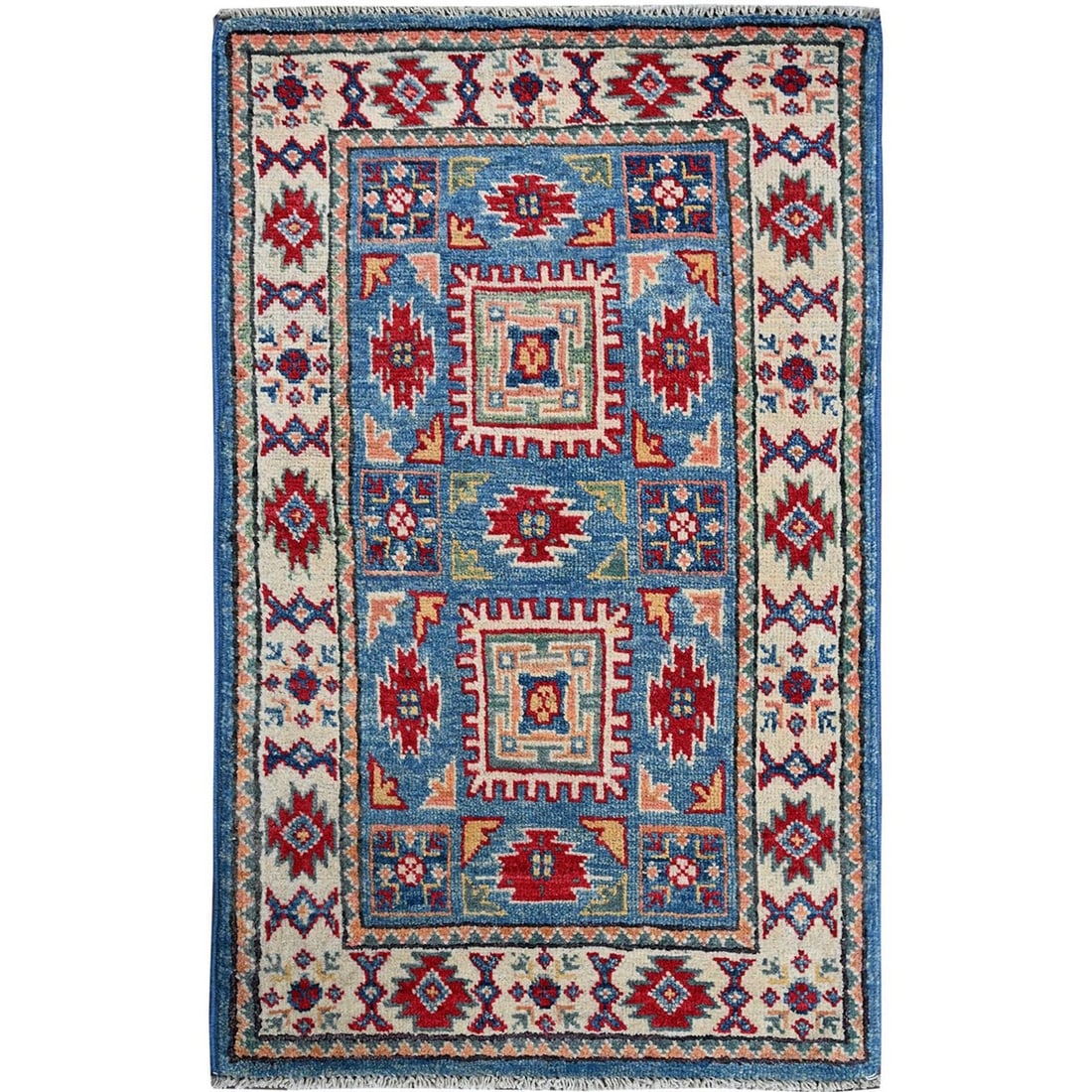 1'10"x3' Blue Kazak with Geometric Design Hand Knotted Soft Wool Mat Rug: 1'10"x3' Blue Kazak with Geometric Design Hand Knotted Soft Wool Mat Rug Soft and vibrant, this hand-knotted blue Kazak rug boasts a stunning geometric design created from high-quality wool. Made in