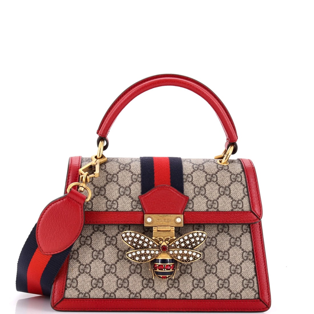 Gucci Queen Margaret Top with Leather Small GG Coated Canvas Bag: Gucci Queen Margaret Top with Leather Small GG Coated Canvas Bag The Gucci Queen Margaret Top with Leather Small GG Coated Canvas Bag boasts a striking red exterior, complemented by a brown and neutra