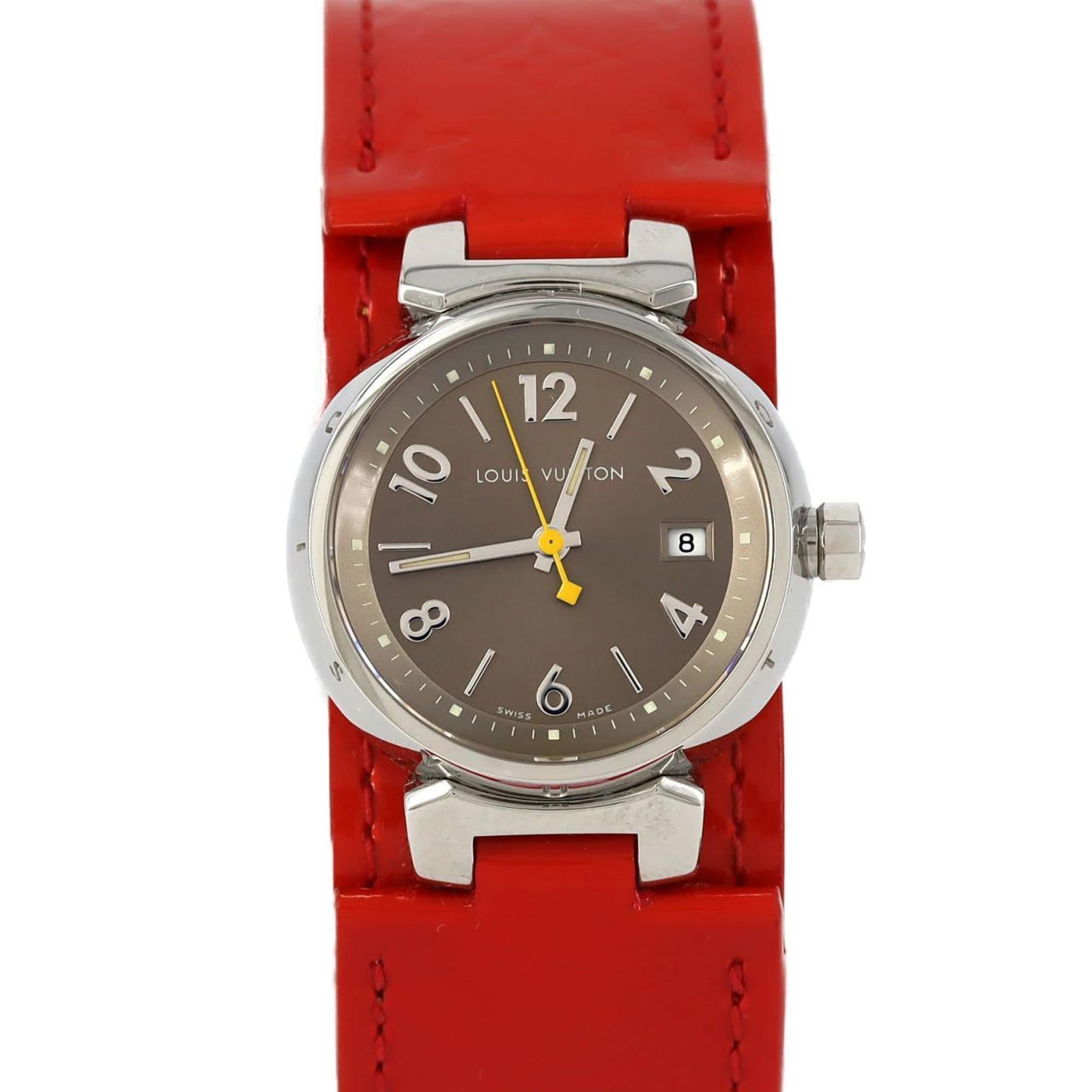 Louis Vuitton Wristwatch: Louis Vuitton Wristwatch Stainless steel case with a brown dial, this Louis Vuitton wristwatch boasts an elegant design. Measuring 28mm in diameter, it features an analog display and bears a